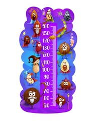 Kids height chart, cartoon magician nuts and wizard seeds growth meter. Vector ruler sticker of children height with scale, almond and peanut, coffee bean and hazelnut, walnut and coconut, cashew
