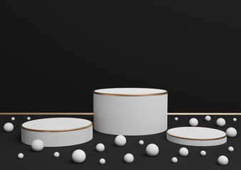 Black, dark gray, black and white 3D rendering of three podium stands product display with golden lines and colorful marbles for product presentation or backdrop luxury products or fun candies