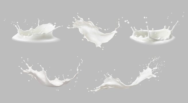 Realistic milk splashes or wave with drops and splatters. Liquid swirls and drips in shape of crown, liquid flow streams. Milky or dairy fresh product realistic 3d elements isolated set