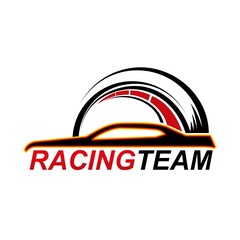 Racing team icon with speedometer and car silhouette. Motorsport drivers club, performance car tuning garage or track racing team vector emblem, icon with auto gauge indicator