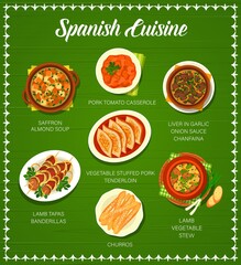 Spanish cuisine menu vector cover, restaurant dishes and dinner meals. Spanish bar traditional food menu of tapas from lamb banderillas, churros pastry, lamb vegetable stew ans pork tomato casserole