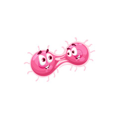 Cartoon pathogen cells character, virus or bacteria microbe vector personage. Funny cute virus cells replication with smile, immune health protection and flu or coronavirus covid vaccination