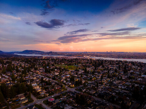Aerial view of North Vancouver and Burnaby at sunset