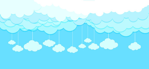 sky with clouds design. Beautiful fluffy clouds on the blue sky background. Paperwhite clouds on blue. Clouds on blue sky banner
