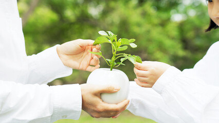 植物を持つ親子　環境保護イメージ　サステナブル　SDGs