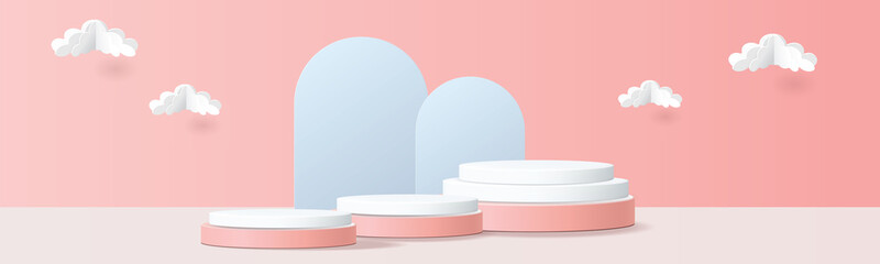 3d geometric podium mockup leaf tropical netural concept for showcase pink blue background Abstract minimal scene product presentation vector illustation
