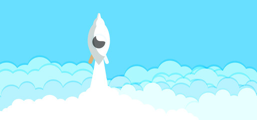 rocket in the sky blue with clouds design. Beautiful fluffy clouds on the blue sky background. Paperwhite clouds on blue.Clouds on blue sky banner