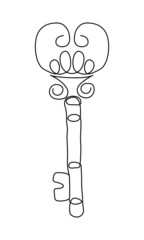 One line key drawing. Continuous line art of antique old key for real estate. Isolated antique room key for hotel