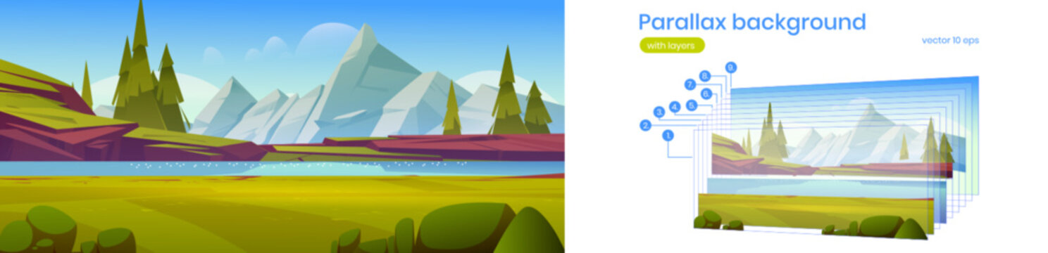 Mountain valley with river, green grass and firs. Vector parallax background ready for 2d animation with cartoon illustration of summer landscape with water stream, conifers and rocks