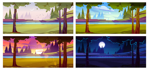 River with rocky shore, green grass and trees at different time of day. Vector cartoon illustration of summer landscape, countryside with water stream in early morning, night, sunset, and noon - obrazy, fototapety, plakaty