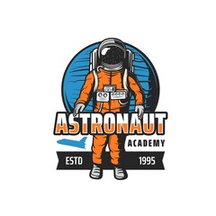 Astronaut academy icon, spaceman and orbital station or spacecraft staff training center, vector emblem. Galaxy rocket and shuttle spaceship education for spaceflights to galactic orbit exploration