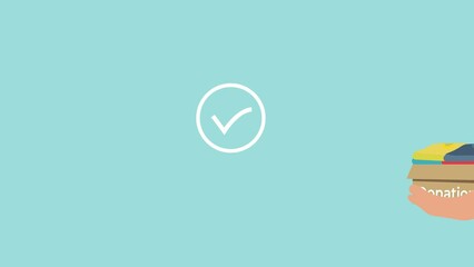 Donating clothes to a poor person 4K animation. Man giving dress and getting love from beggars. Human hands giving a box of clothes to poor people footage. Charity donation concept with love shape.