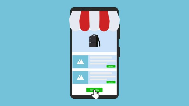4K Animation of online payment method and shopping. Online products selling, using a mobile app. Digital payment system animation. Buying products with a smartphone and paying money online.