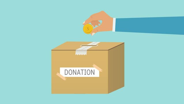 Hands giving charity to a donation box 4K animation. Men raising funds for poor people concept. Saving gold coins in donation box 4K footage for charity concept. Hands with gold coin and charity box.