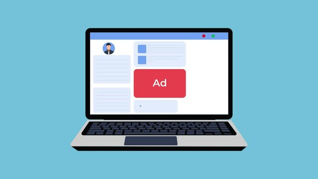 Online marketing concept 4K animation with a laptop. Website showing online ads and product advertisements. Digital marketing concept with a website ads 4K footage. Website showing ads on a laptop.
