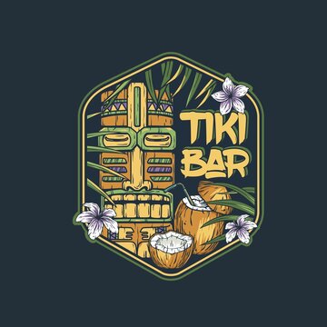 Tiki bar with tiki mask, surfs and tropical leavs. Exotic hawaiian mask and surfboards for summer surfing prints or tropic beach