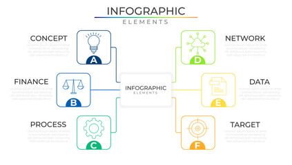 Six steps connect business infographic design vector with icons. Workflow timeline network project template for presentation and report.