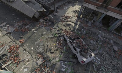 Post apocalyptic cityscape 3d illustration top view