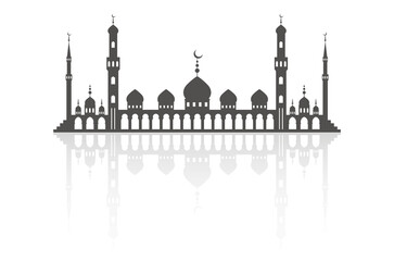 Fototapeta premium Mosque with minarets on skyline. Islamic architecture silhouette. Istanbul cityscape with reflection isolated on white background.