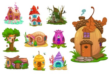 Cartoon fairytale fantasy houses and dwellings of dwarfs or gnomes, vector funny huts. Kids fairy tale mushroom and flower, beehive or acorn, caramel, snail and log, shell house - obrazy, fototapety, plakaty