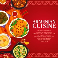 Armenian cuisine menu cover. Cookie Gata, flatbread Matnakash and nut pastry Nazook, lamb vegetable stew Khashlama, bean Lobio and baked chicken Amich, lamb soup Bozbash, stuffed grape leaves Dolma