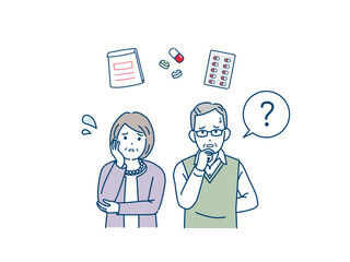 薬の飲み忘れ　管理に困る　年配の夫婦　男女　シニア　高齢者　お年寄り