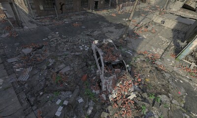 Post apocalyptic cityscape 3d illustration top view