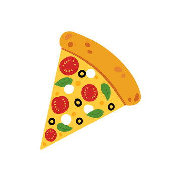 Vector illustration of a slice of pizza with cheese. Delicious Italian pizza with mozzarella, olives, tomatoes and basil.