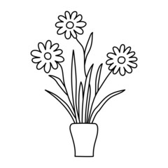 Potted gerbera or chamomile sketch. Vector indoor flower in a pot. Doodle black and white outline illustration of a plant