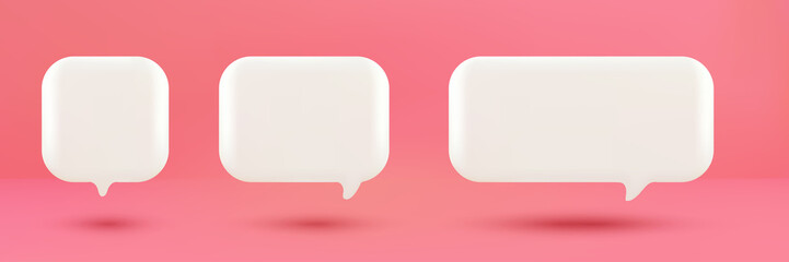 Set of 3D cute white square speech bubble icons, isolated on pink pastel background. 3D Chat icon set - obrazy, fototapety, plakaty