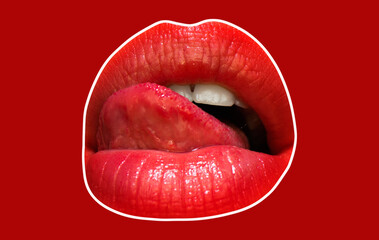 Sexy licking lips. Female mouth with tongue licked his red lips. Open female mouth.