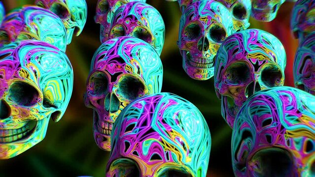 Seamless animation of metal skull with reflections. Cool metallic Halloween background