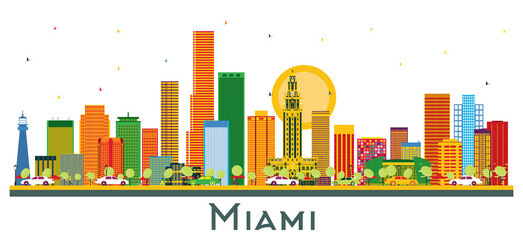 Naklejka premium Miami Florida City Skyline with Color Buildings Isolated on White.