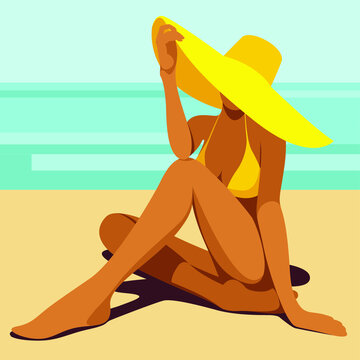 yellow hat woman beach sitting clip art preview
