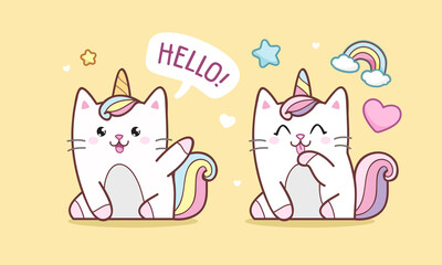 Cute Cat Caticorn or Kitten Unicorn set with rainbow and hearts. Vector Cat Unicorn says Hello! Isolated vector illustration for kids design prints, posters, t-shirts, stickers