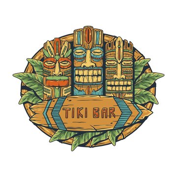 Surfing tiki mask with surf and tropical leavs for tiki bar. Exotic hawaii masks and surfboard for summer tropic beach