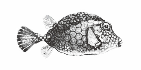Smooth trunkfish or Lactophrys triqueter. Doodle sketch. Vintage vector illustration.