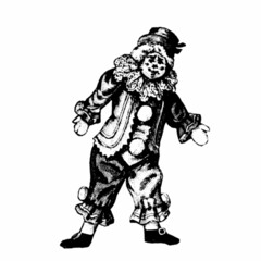 Retro clown doll. Halftone style. Vintage vector illustration.