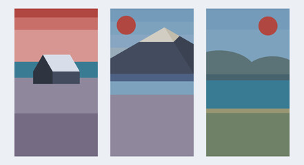 Set of Flat design illustration scenery vector polygonal portrait style bundle. Minimalist style. Can use for wallpaper mobile, mobile design, UI UX, and social media template.