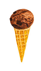 Chocolate ice cream scoop with cone watercolor.