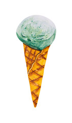 Mint or green tea ice cream scoop with cone watercolor.