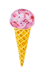Raspberry ripple ice cream ice cream scoop with cone watercolor.