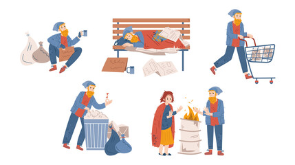 Fototapeta na wymiar Homeless people, beggars male and female characters begging money, bums wear ragged clothing pick up garbage on street, sleep on bench, warm at barrel. Refugee need help, Linear vector illustration