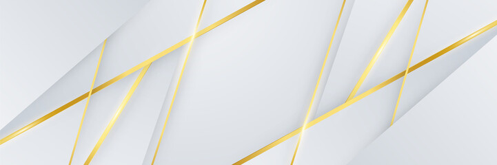 Abstract white and gold lines banner background. Abstract geometric shape white gold background with light and shadow 3D layered for presentation design. Vector design pattern background template.