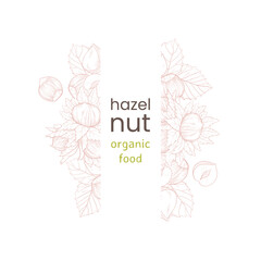 Frame hazelnut vertical web banner with nuts and leaves, fruits and kernels. Hazelnut pattern, organic product