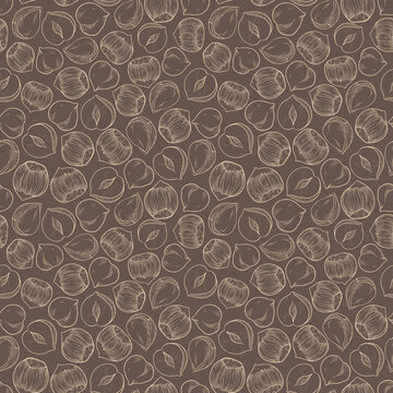 Seamless pattern hazelnut many fruit nuts and kernels in sketch style. Dark background for packing hazelnut or chocolate, nut paste