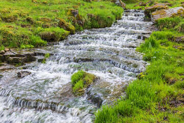 Gushing water in a stream on a meadow