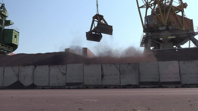 Enriched iron ore finished products warehouse, close up