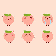 Peach character. Many emotions cartoon. Martial, dismal, cry, smile, happy, angry and surprised.