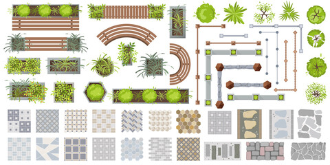 Architectural elements for landscape design top view. Set of Outdoor furniture, fence, trees, fence and tile path for project, plan, map, yard. Benches, chair, table, plant in pot. Vector kit flat - obrazy, fototapety, plakaty